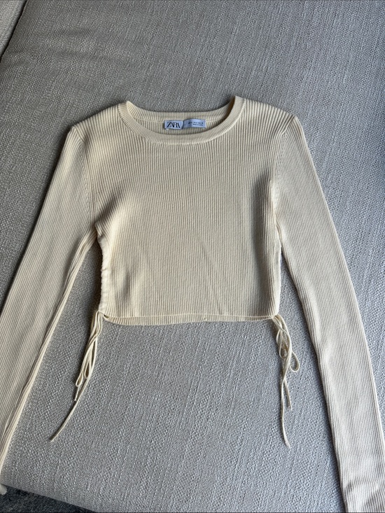 Zara Tops - Zara Cream Ribbed Long-Sleeve Crop Top with Side Ties